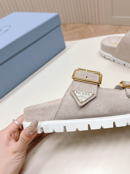 Double Buckle Strap Slides 20 Light Grey Suede