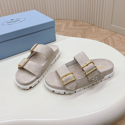 Double Buckle Strap Slides 20 Light Grey Suede