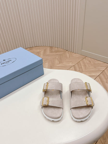 Double Buckle Strap Slides 20 Light Grey Suede