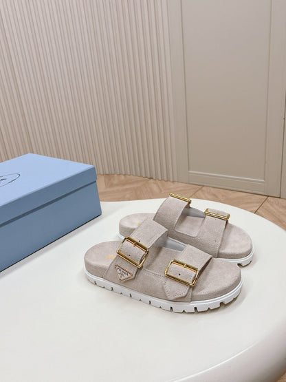 Double Buckle Strap Slides 20 Light Grey Suede