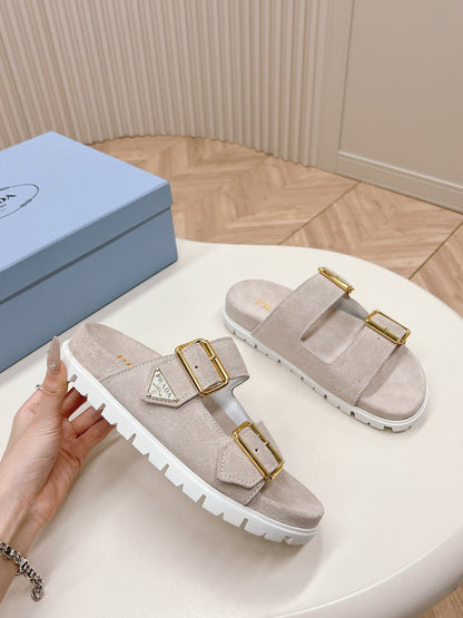 Double Buckle Strap Slides 20 Light Grey Suede