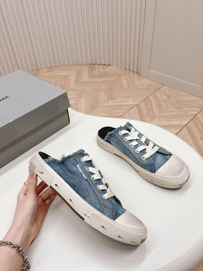 PARIS MULES IN BLUE DESTROYED DENIM AND RUBBER