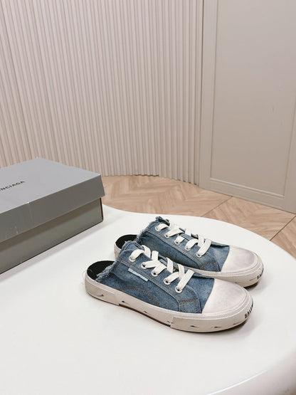 PARIS MULES IN BLUE DESTROYED DENIM AND RUBBER