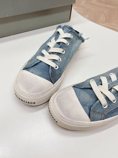 PARIS MULES IN BLUE DESTROYED DENIM AND RUBBER