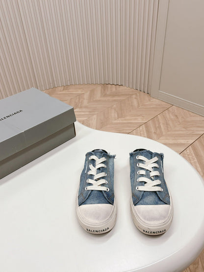 PARIS MULES IN BLUE DESTROYED DENIM AND RUBBER