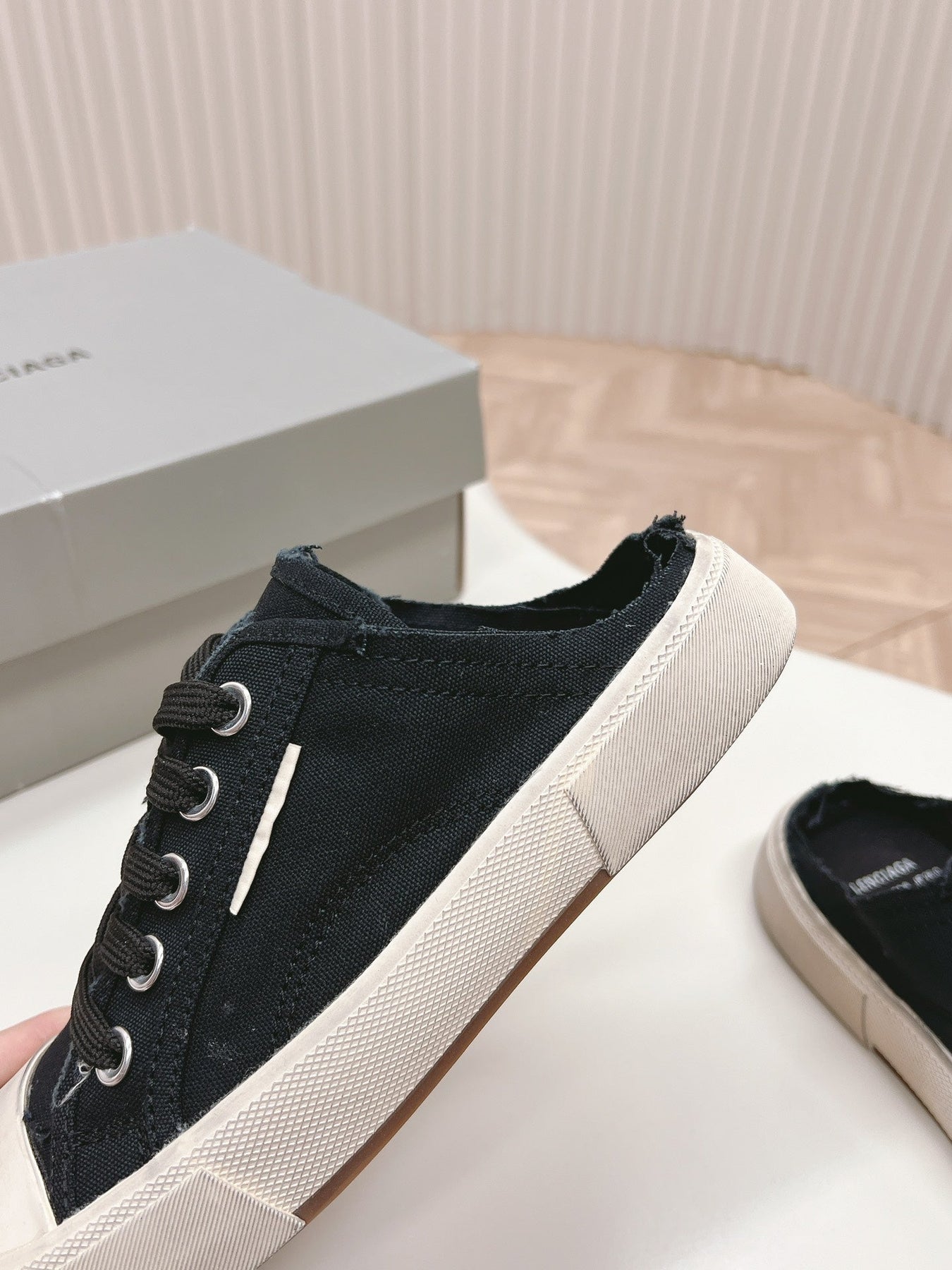 PARIS MULES IN BLACK DESTROYED DENIM AND RUBBER