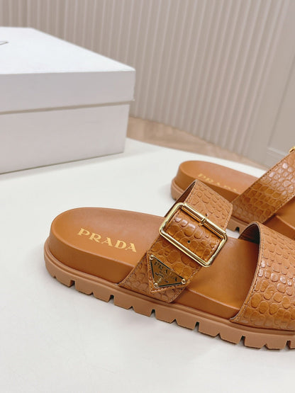 PRA CROCODILE MOTIF SLIDES SANDALS CAMEL CALFSKIN