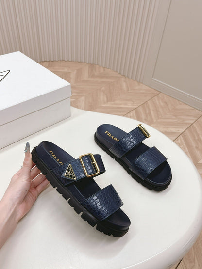 PRA CROCODILE MOTIF SLIDES SANDALS NAVY CALFSKIN