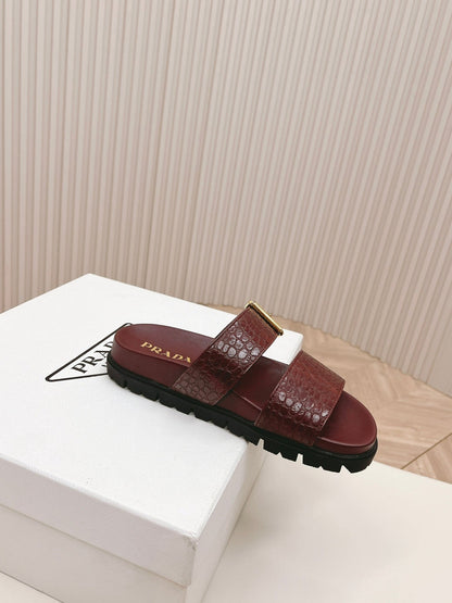 PRA CROCODILE MOTIF SLIDES SANDALS WINE CALFSKIN