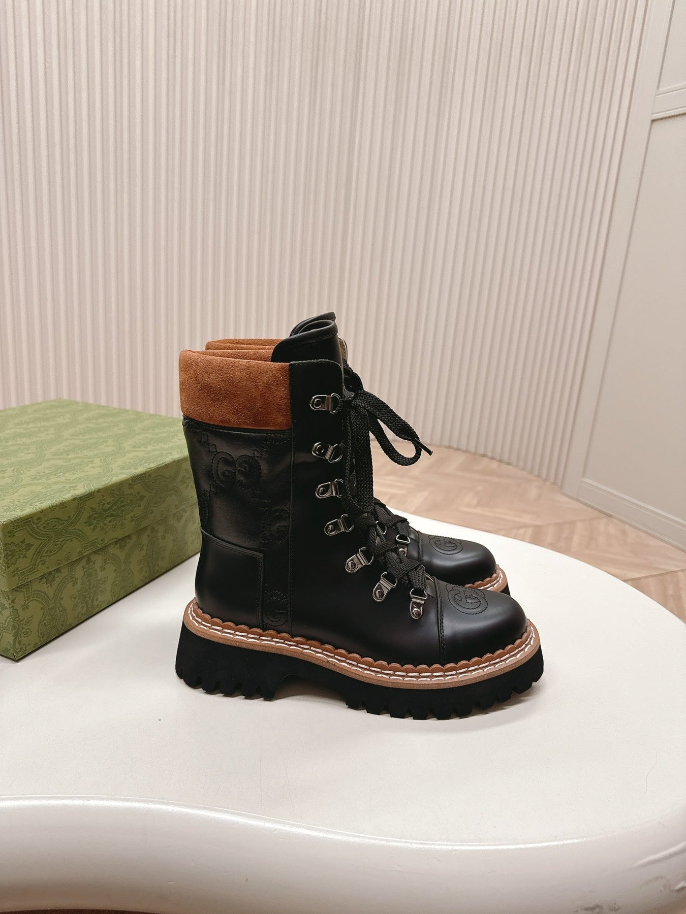 MARTIN LACE-UP ANKLE BOOTS IN BLACK EMBOSSED CALFSKIN MIX BROWN SUEDE