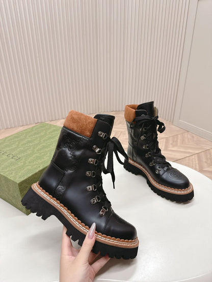 MARTIN LACE-UP ANKLE BOOTS IN BLACK EMBOSSED CALFSKIN MIX BROWN SUEDE