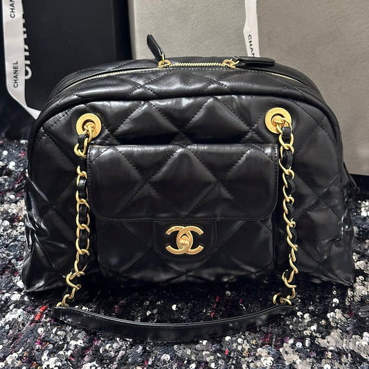 BOWLING BAG 33 IN BLACK SOFT LAMBSKIN GOLD HARDWARE