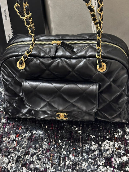 BOWLING BAG 44 IN BLACK SOFT LAMBSKIN GOLD HARDWARE