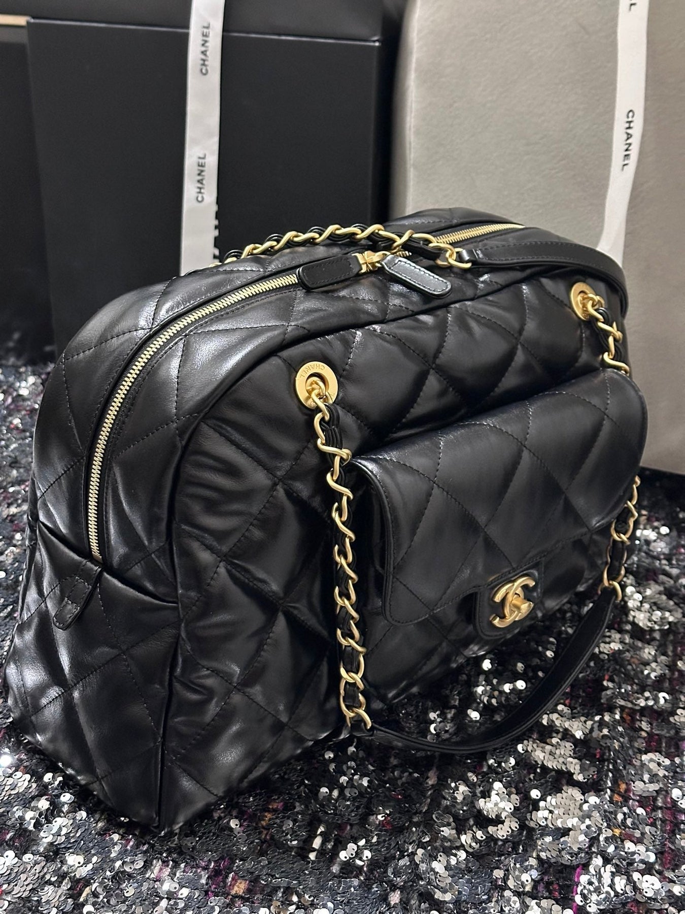 BOWLING BAG 44 IN BLACK SOFT LAMBSKIN GOLD HARDWARE