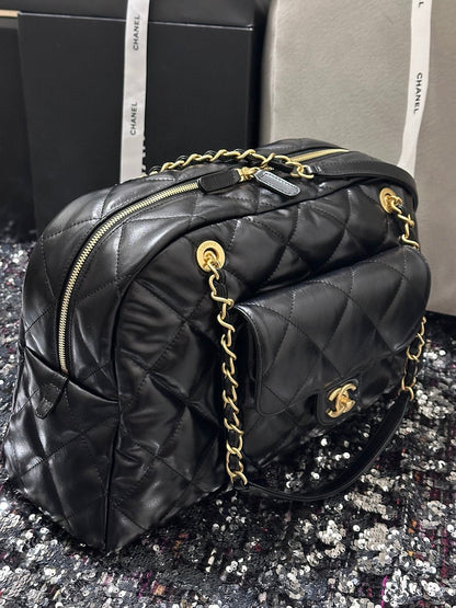 BOWLING BAG 44 IN BLACK SOFT LAMBSKIN GOLD HARDWARE