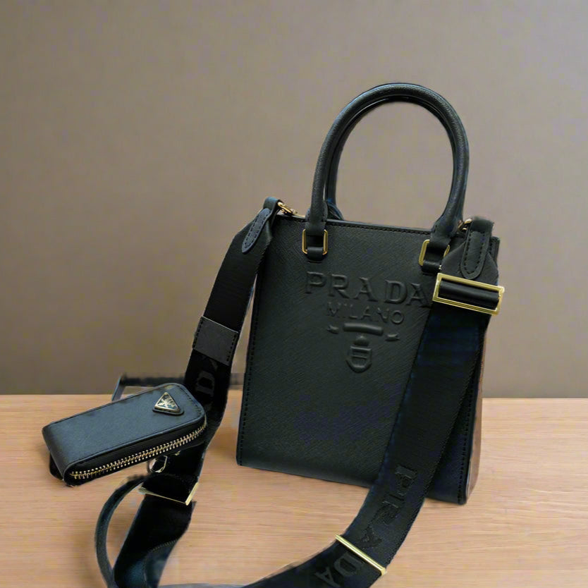 EMBOSSED LOGO MINI CROSSBODY BAG 19 IN BLACK SAFFIANO LEATHER