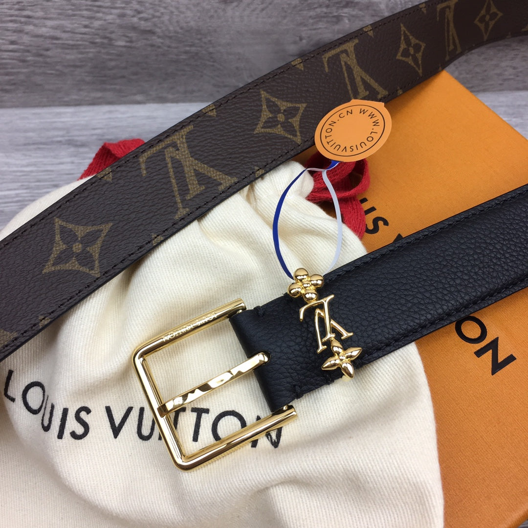 LV BLOOM 30MM BELT BLACK CALFSKIN GOLD HARDWARE