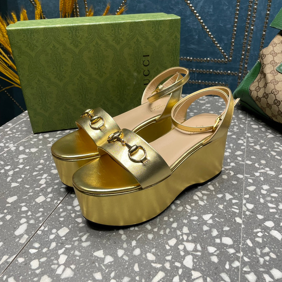 GG HORSEBIT PLATFORM SANDAL METALLIC GOLD CALFSKIN