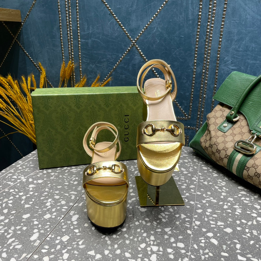 GG HORSEBIT PLATFORM SANDAL METALLIC GOLD CALFSKIN