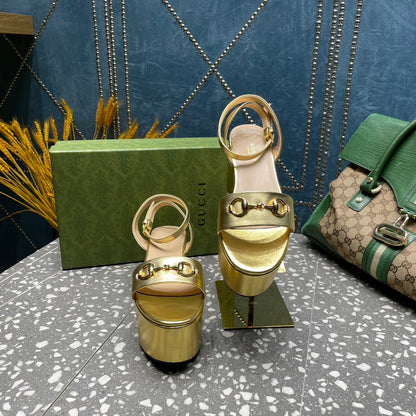 GG HORSEBIT PLATFORM SANDAL METALLIC GOLD CALFSKIN