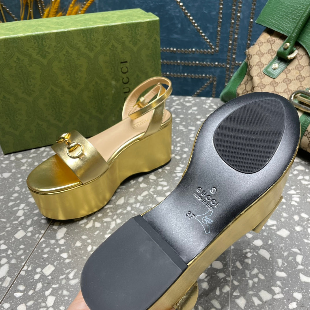GG HORSEBIT PLATFORM SANDAL METALLIC GOLD CALFSKIN