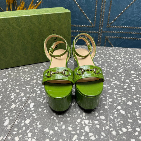 GG HORSEBIT FLATFORM SANDAL GREEN CALFSKIN