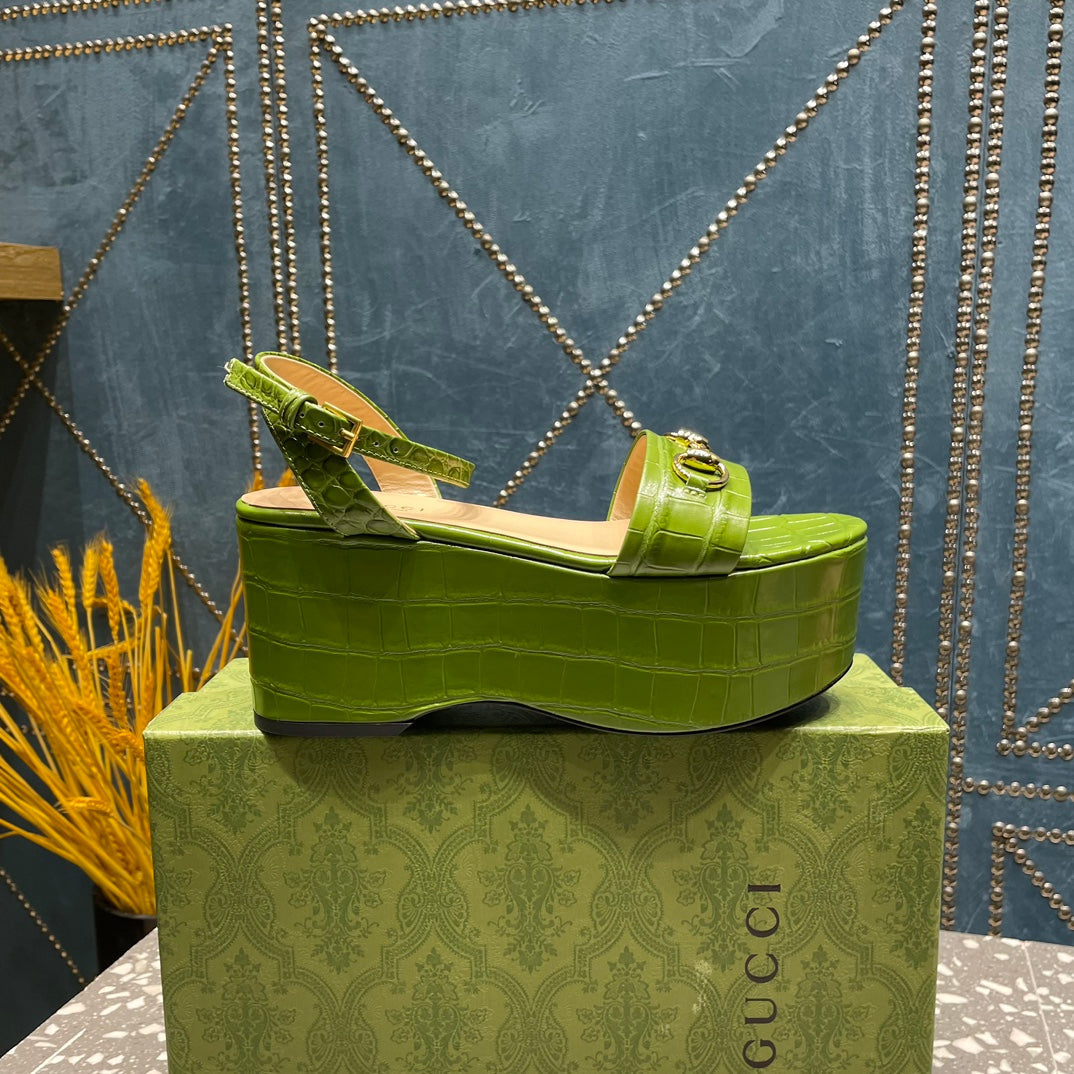 GG HORSEBIT PLATFORM SANDAL GREEN CALFSKIN