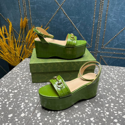 GG HORSEBIT FLATFORM SANDAL GREEN CALFSKIN