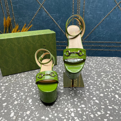 GG HORSEBIT FLATFORM SANDAL GREEN CALFSKIN