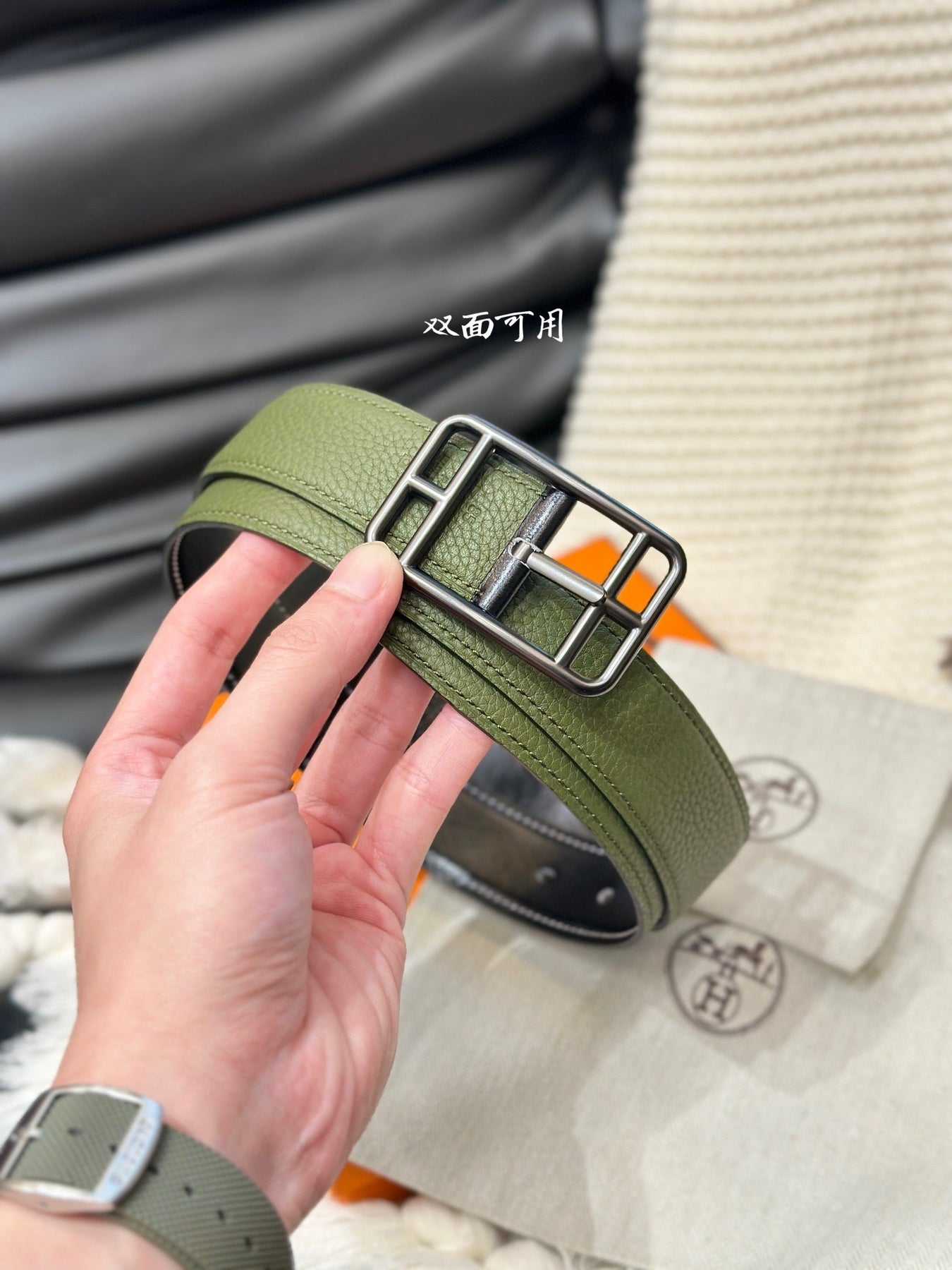 HM-CAPE COD 32MM REVERSIBLE BELT OLIVE GREEN AND BLACK LEATHER BLACK HARDWARE