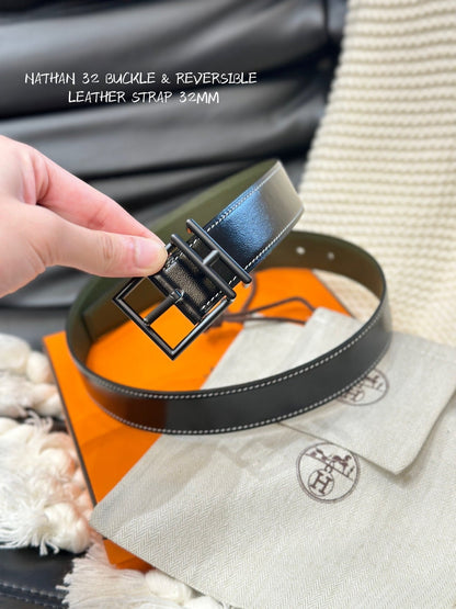 HM NATHAN REVERSIBLE BELT  32MM OLIVE GREEN AND BLACK LEATHER BLACK HARDWARE