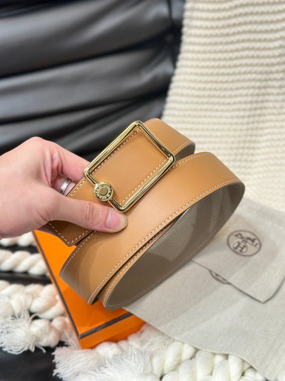 HM OSCAR BELT GOLD BUCKLE & REVERSIBLE HONEY ORANGE LEATHER STRAP 38MM