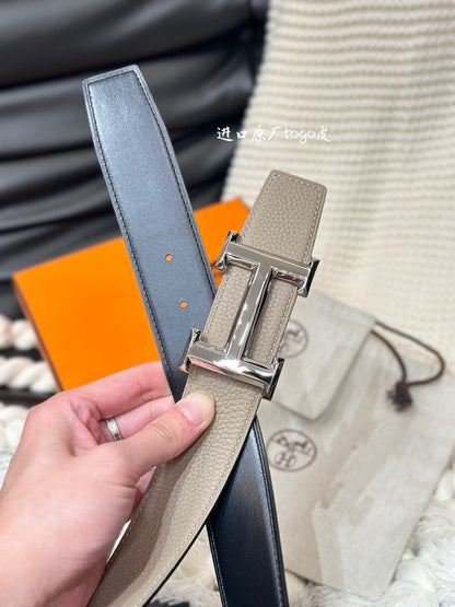 HM 5382 BELT SILVER BUCKLE & REVERSIBLE CAMEL BROWN LEATHER STRAP 38MM