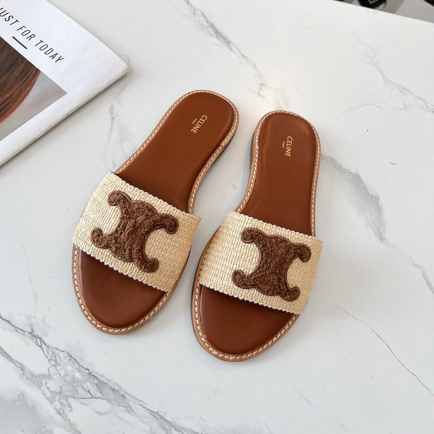 LYMPIA MULE BEIGE RAFFIA AND BROWN WOOL LOGO