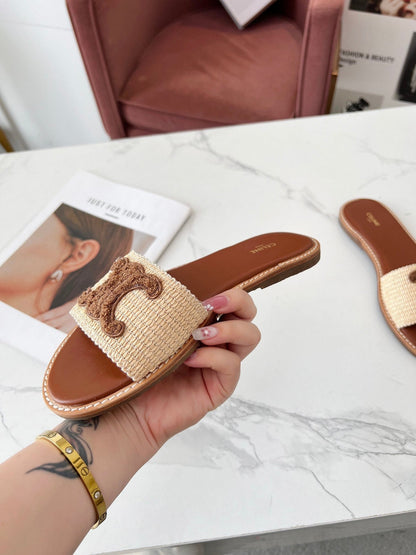 LYMPIA MULE BEIGE RAFFIA AND BROWN WOOL LOGO