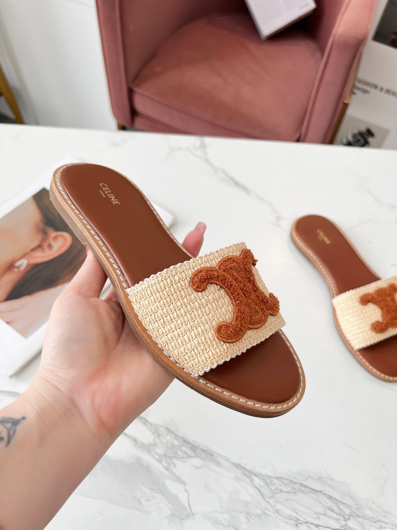 LYMPIA MULE BEIGE RAFFIA AND TAN WOOL