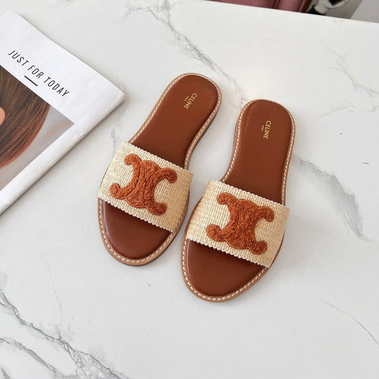 LYMPIA MULE BEIGE RAFFIA AND TAN WOOL