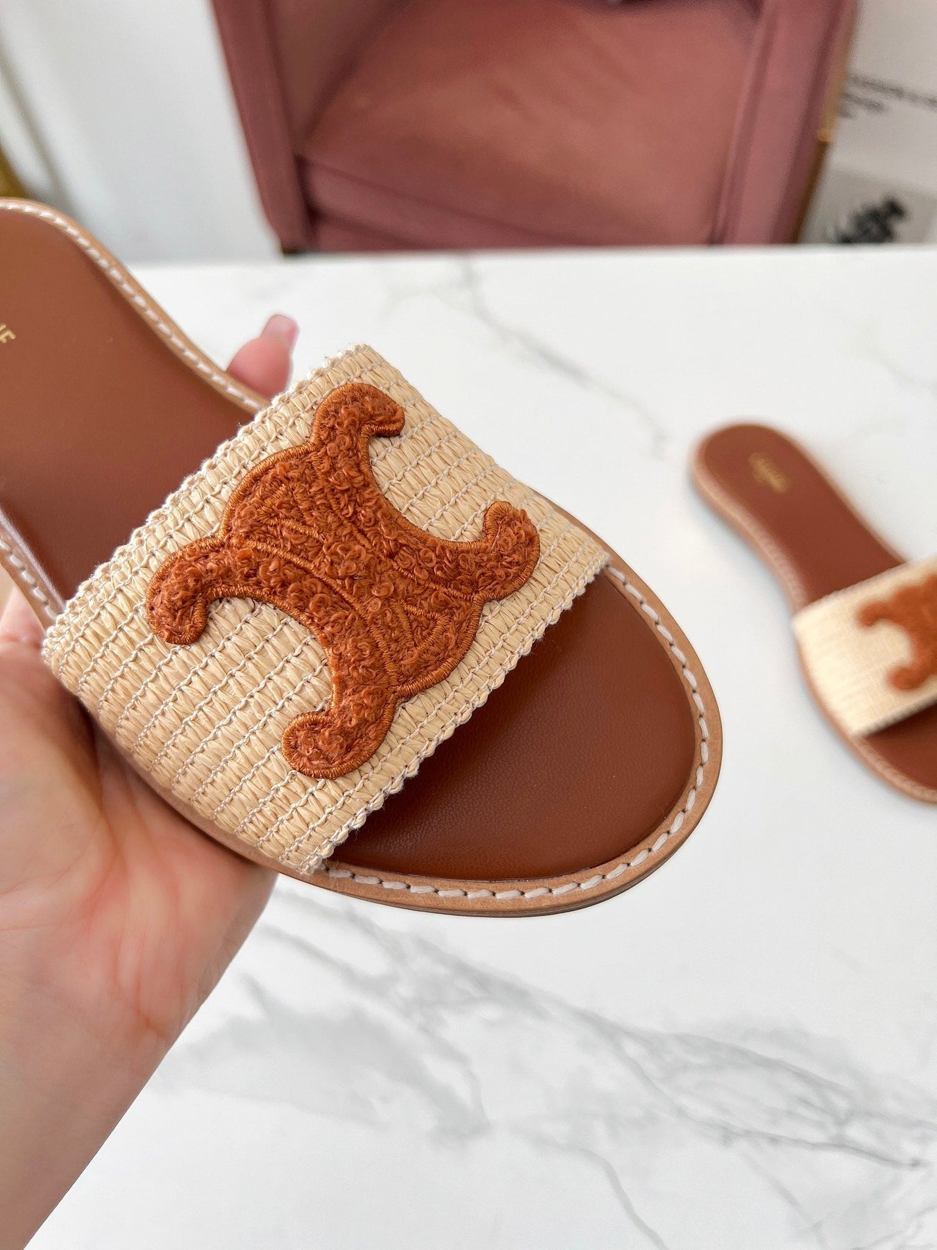 LYMPIA MULE BEIGE RAFFIA AND TAN WOOL