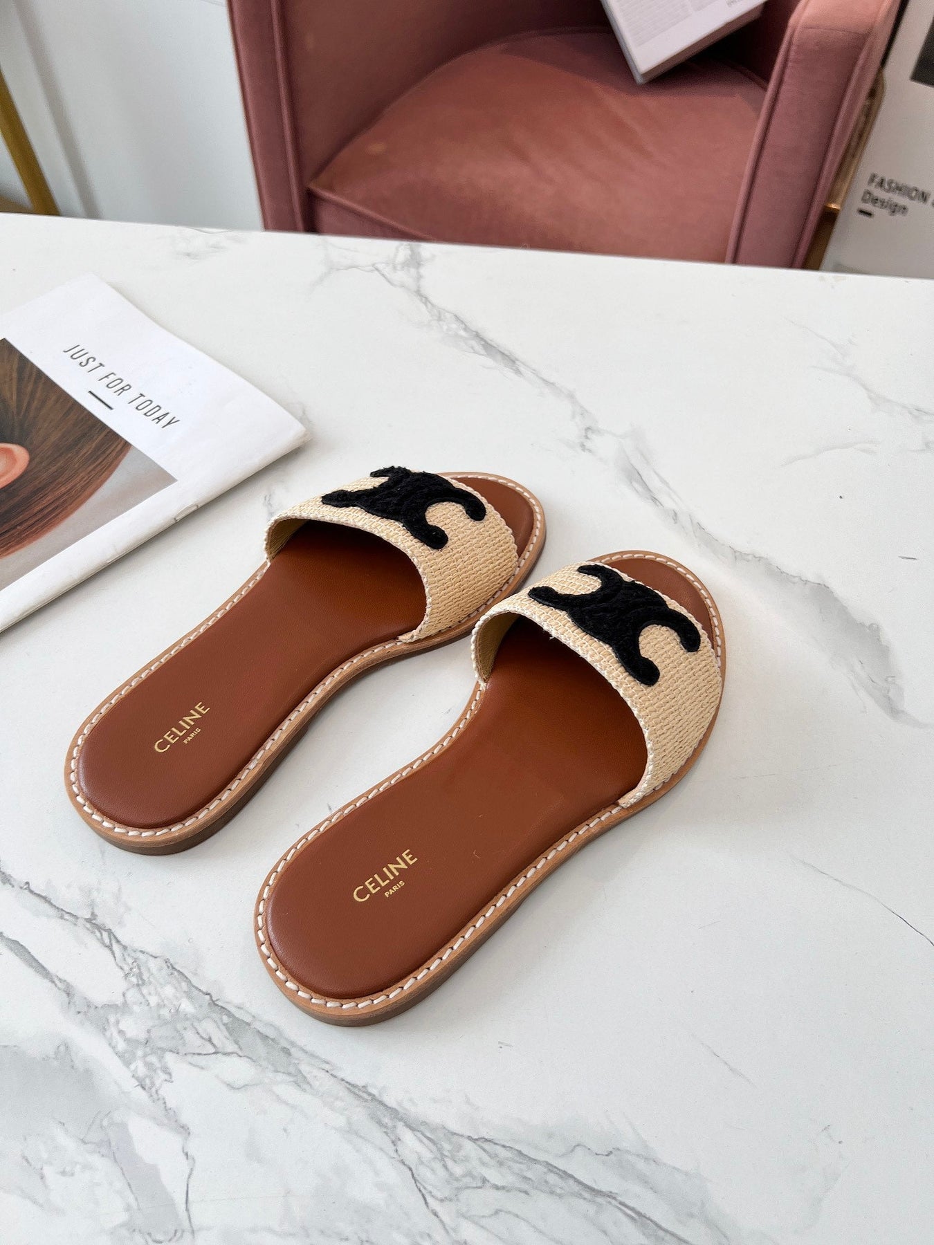 LYMPIA MULE BEIGE RAFFIA BLACK WOOL LOGO