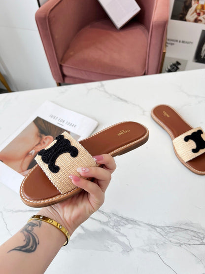 LYMPIA MULE BEIGE RAFFIA BLACK WOOL LOGO