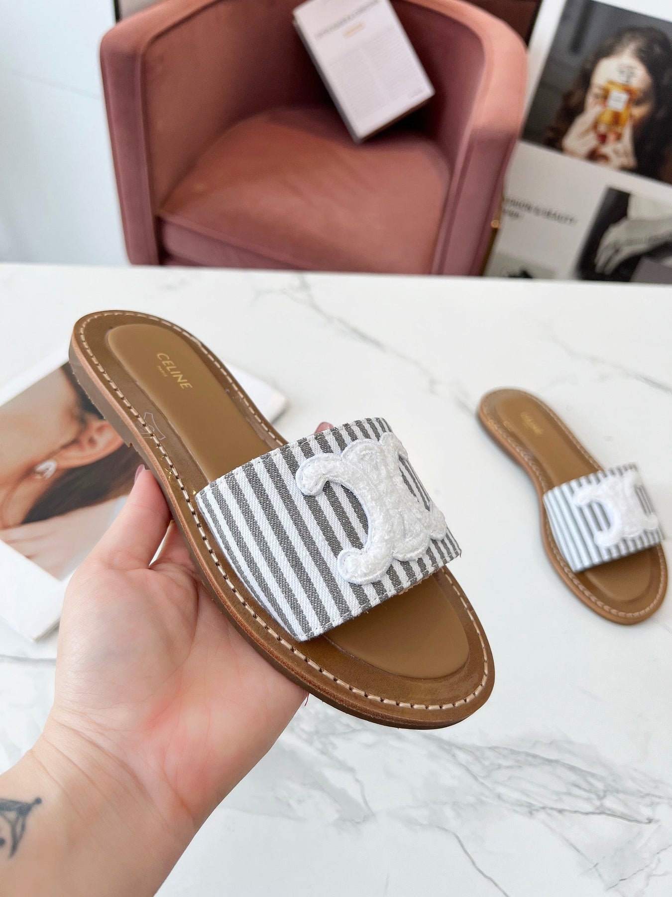 LYMPIA MULE JUMBO GREY MIX WHITE CANVAS WOOL LOGO