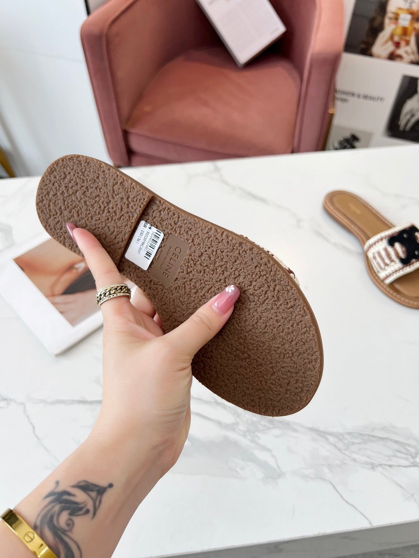 LYMPIA MULE WHITE MIX BROWN RAFFIA BLACK LOGO