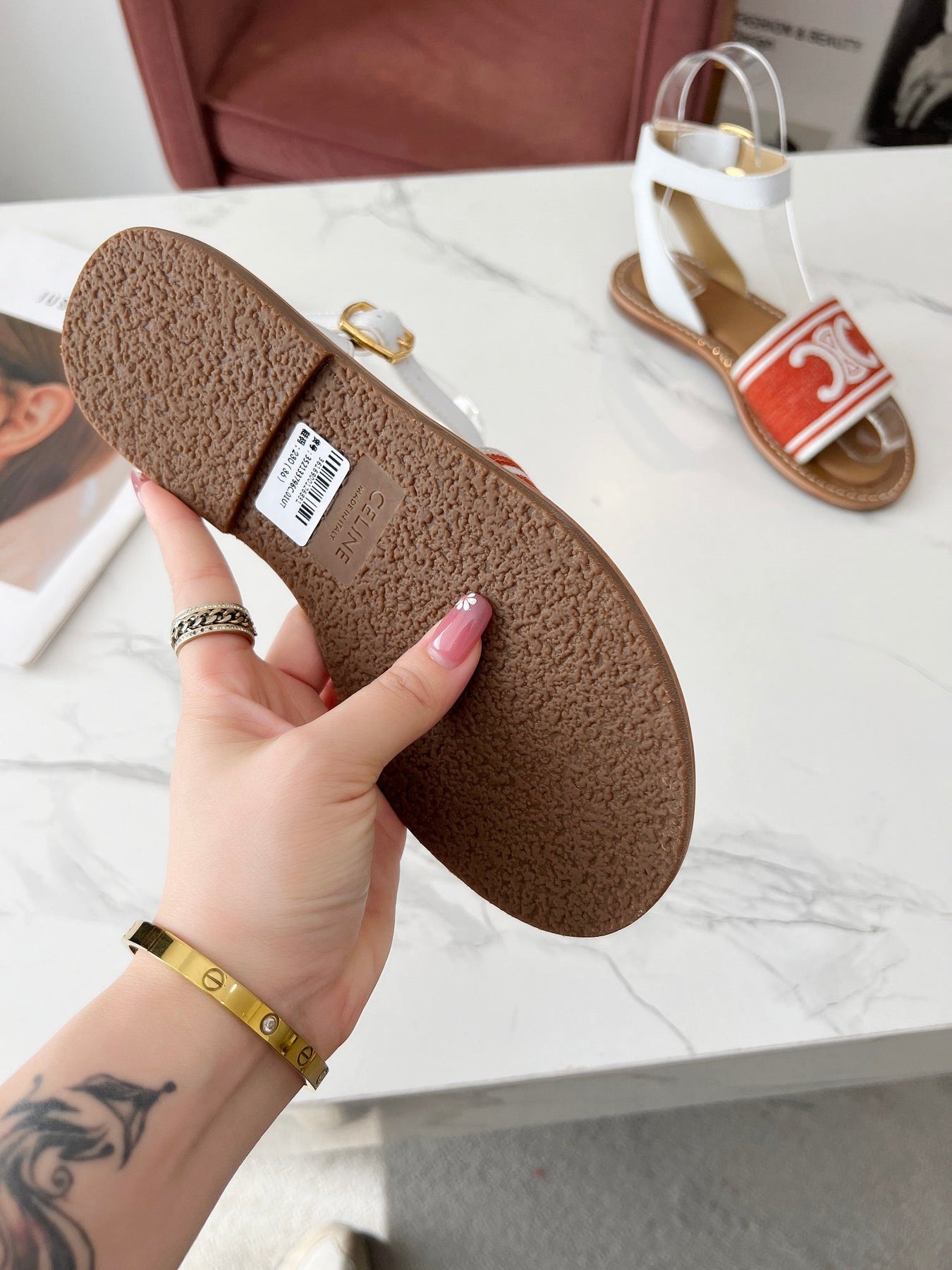 LYMPIA SANDAL IN RED MIX WHITE TRIOMPHE JACQUARD CANVAS & CALFSKIN