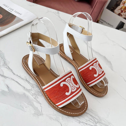 LYMPIA SANDAL IN RED MIX WHITE TRIOMPHE JACQUARD CANVAS & CALFSKIN
