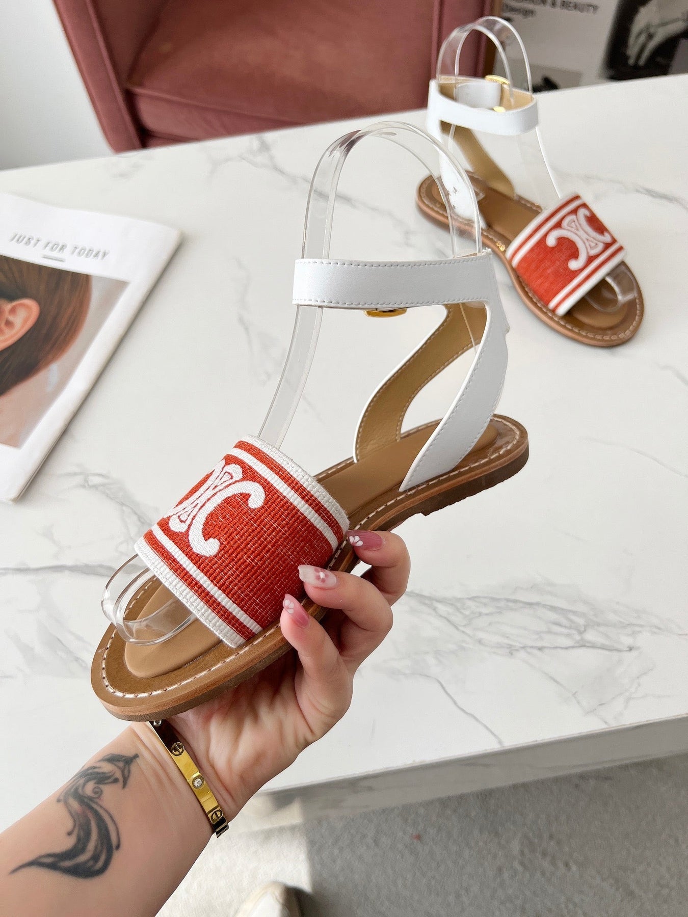 LYMPIA SANDAL IN RED MIX WHITE TRIOMPHE JACQUARD CANVAS & CALFSKIN