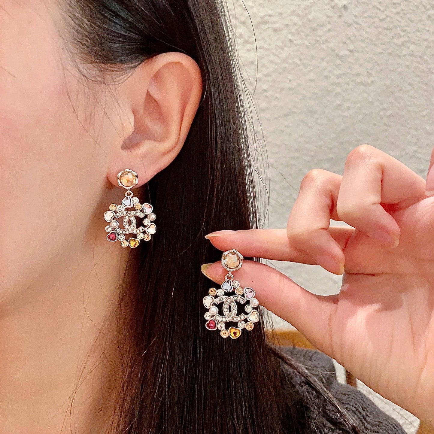 DOUBLE C STUD EARRINGS IN SILVER METAL WHITE PEARL MULTICOLOR STONES