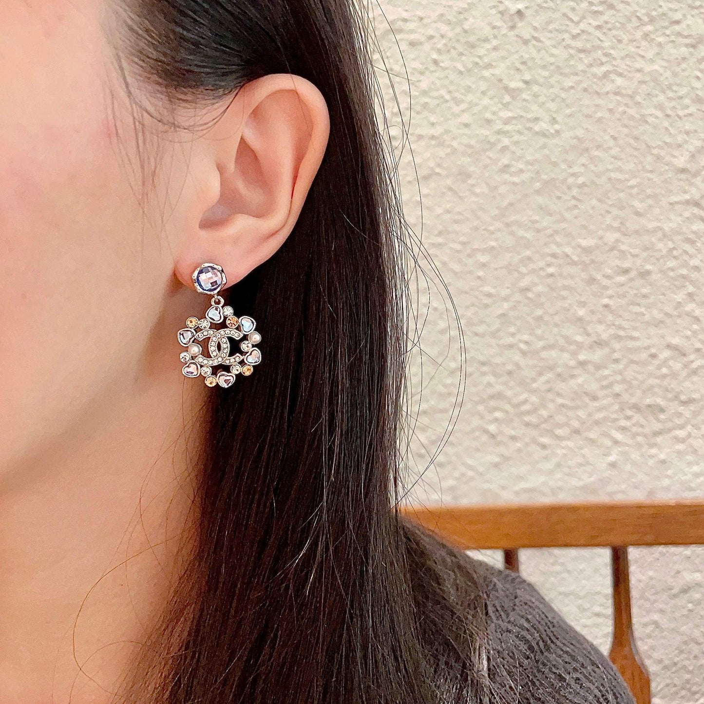 DOUBLE C STUD EARRINGS IN SILVER METAL WHITE PEARL GOLD AND BLUE STONES