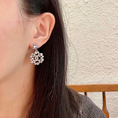 DOUBLE C STUD EARRINGS IN SILVER METAL WHITE PEARL GOLD AND BLUE STONES