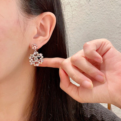 DOUBLE C STUD EARRINGS IN SILVER METAL WHITE & PINK STONES