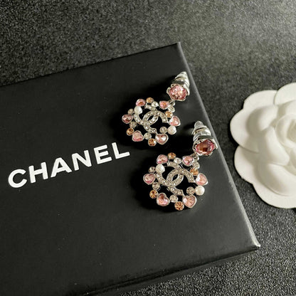 DOUBLE C STUD EARRINGS IN SILVER METAL WHITE & PINK STONES